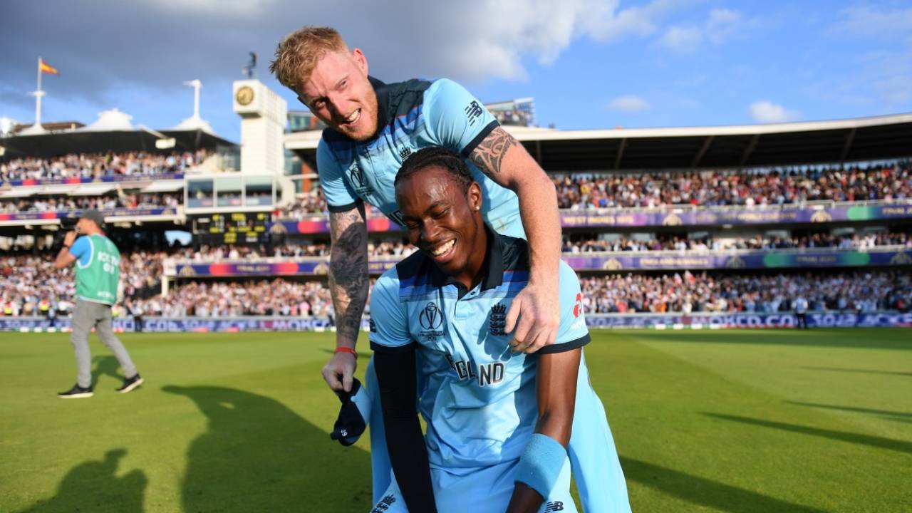 Ben Stokes was in jofra Archer's ear during the Super Over, and all over him afterwards&nbsp;&nbsp;&bull;&nbsp;&nbsp;Getty Images