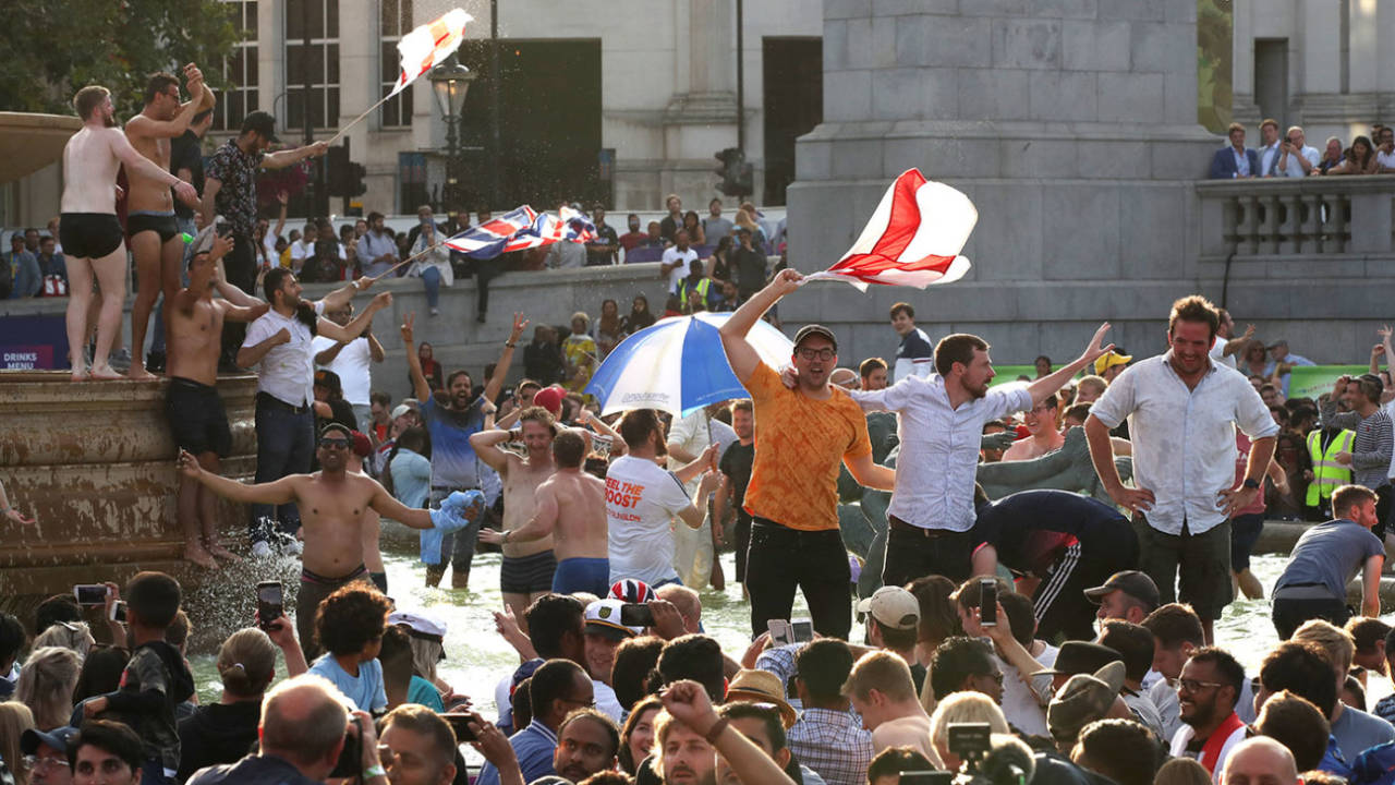Fans celebrate England's win at the fanzone in Trafalgar Square, July 14, 2019
