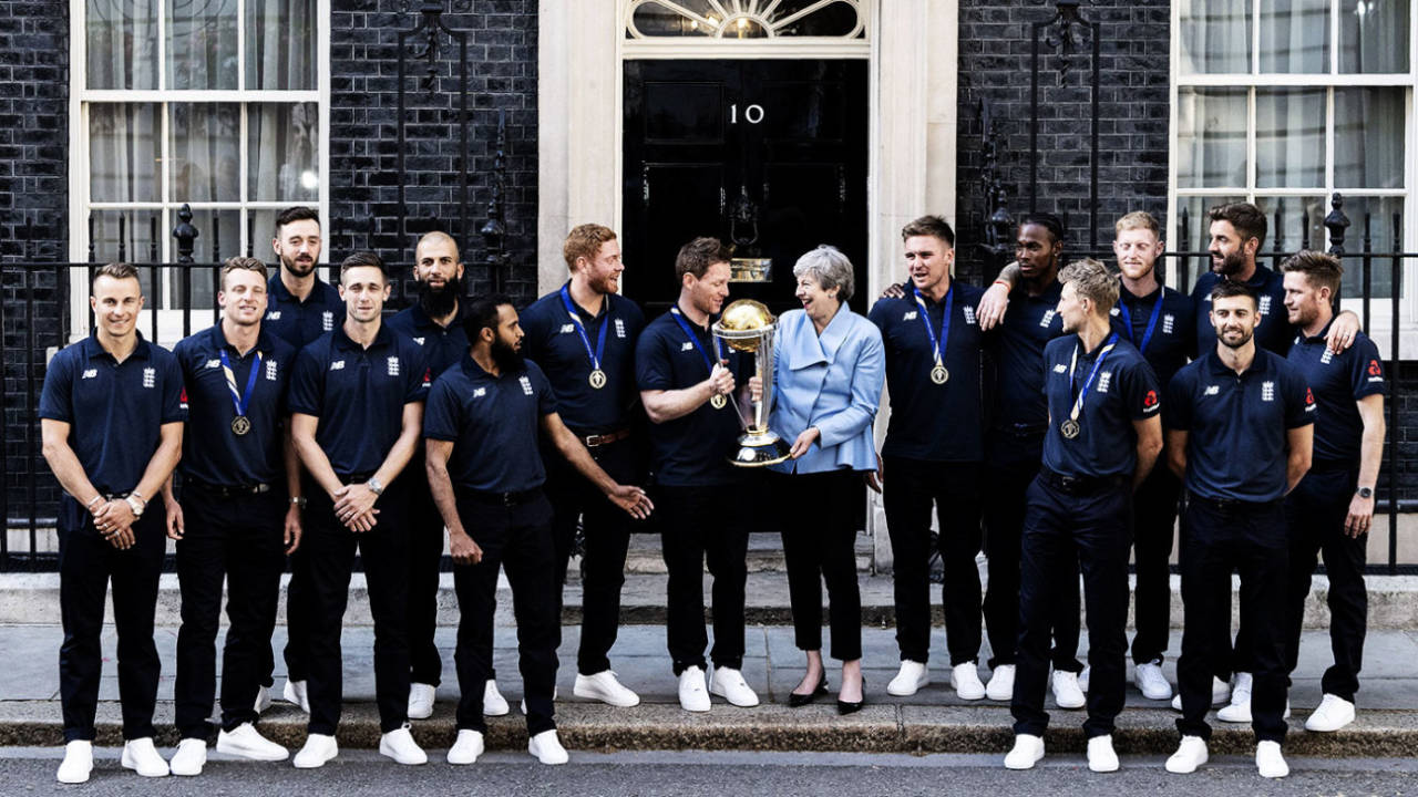 England's World Cup winners with Prime Minister Theresa May outside 10 Downing Street, London, July 15, 2019