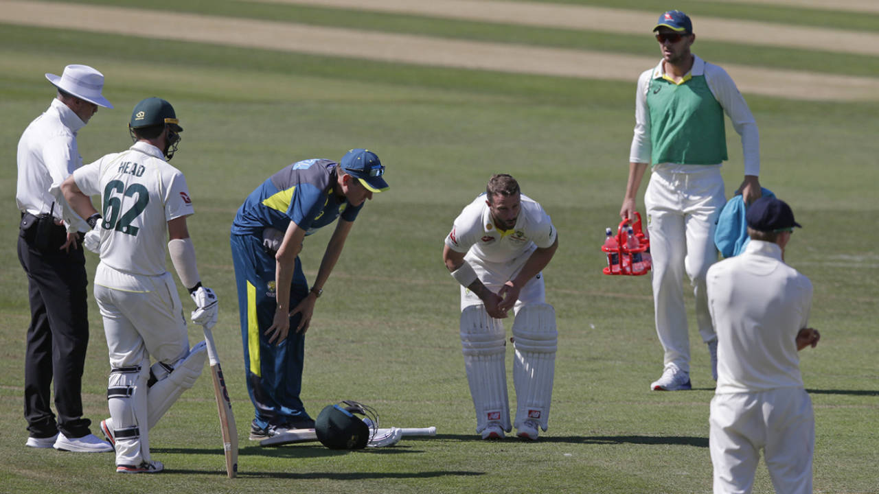Matthew Wade receives treatment after being hit on the elbow&nbsp;&nbsp;&bull;&nbsp;&nbsp;Getty Images