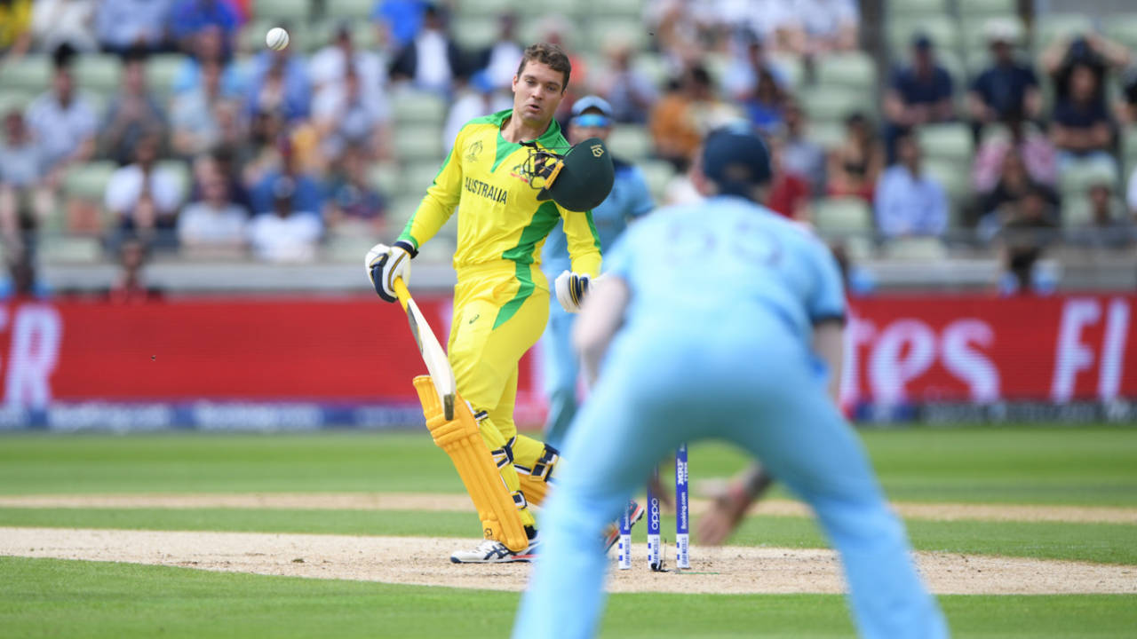 Alex Carey avoided being dismissed in the 2019 World Cup semi-final, when he caught his helmet as it fell towards the stumps&nbsp;&nbsp;&bull;&nbsp;&nbsp;Getty Images