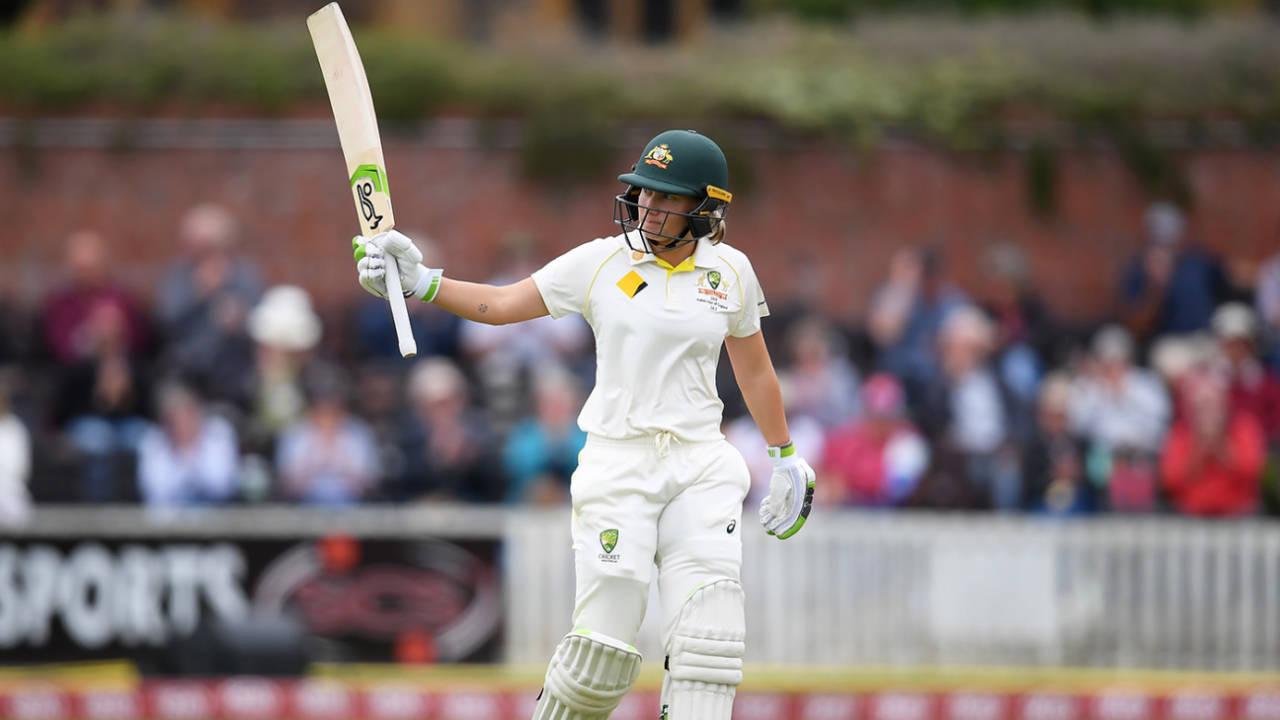 Alyssa Healy raises her bat on reaching fifty, England v Australia, only women's Test, Taunton, 1st day, July 18, 2019