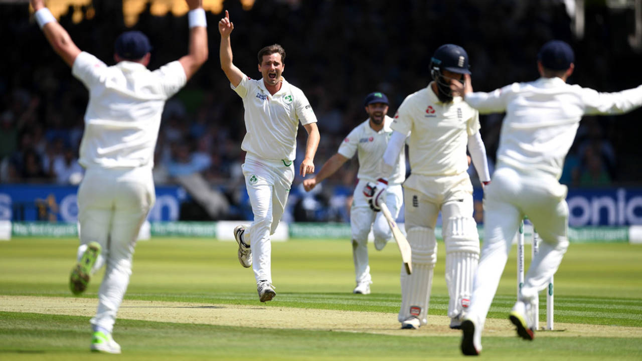 Tim Murtagh celebrates the wicket of Moeen Ali, England v Ireland, Only Test, Day 1, July 24, 2019