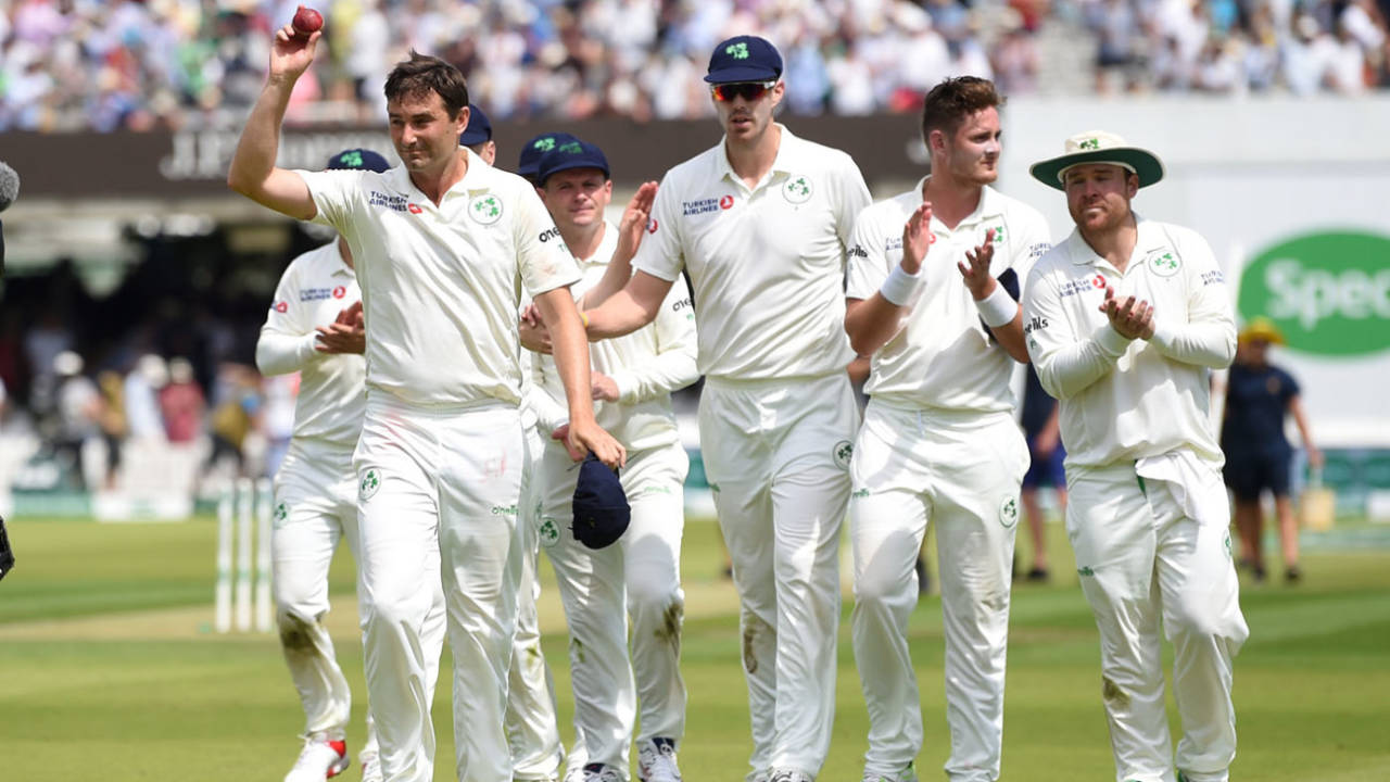 Tim Murtagh leads Ireland off after his five-wicket haul, England v Ireland, Only Test, Day 1, July 24, 2019
