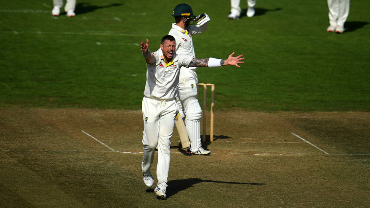 James Pattinson appeals successfully for the wicket of Alex Carey, Brad Haddin XII v Graeme Hick XII, Australian Cricket Team Ashes Tour match, The Ageas Bowl on July 24, 2019 