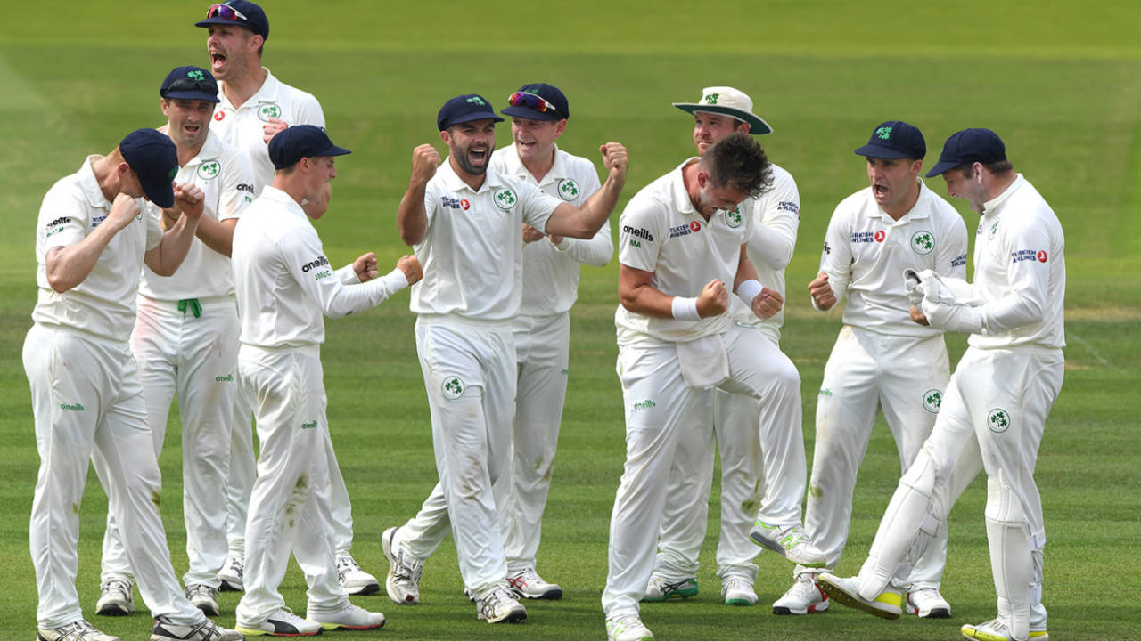 Mark Adair celebrates confirmation of a dismissal via DRS, England v Ireland, Only Test, 2nd day, July 25, 2019
