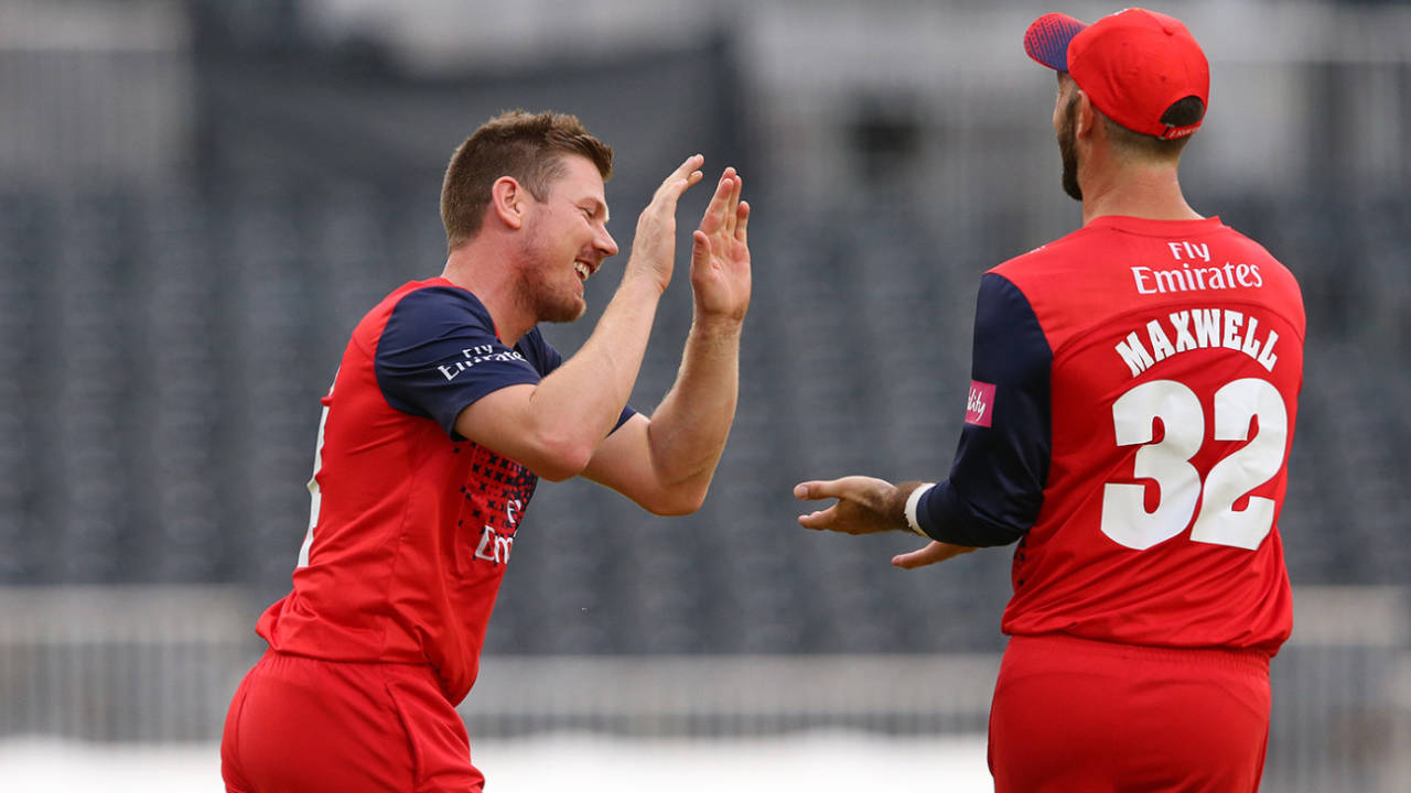 James Faulkner and Glenn Maxwell celebrate a wicket, Sussex v Surrey, Vitality Blast, South Group, Hove, July 26, 2019