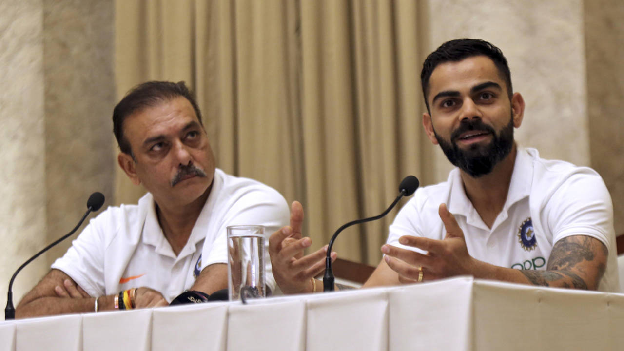 Ravi Shastri and Virat Kohli address a press conference ahead of India's departure to the West Indies&nbsp;&nbsp;&bull;&nbsp;&nbsp;Associated Press