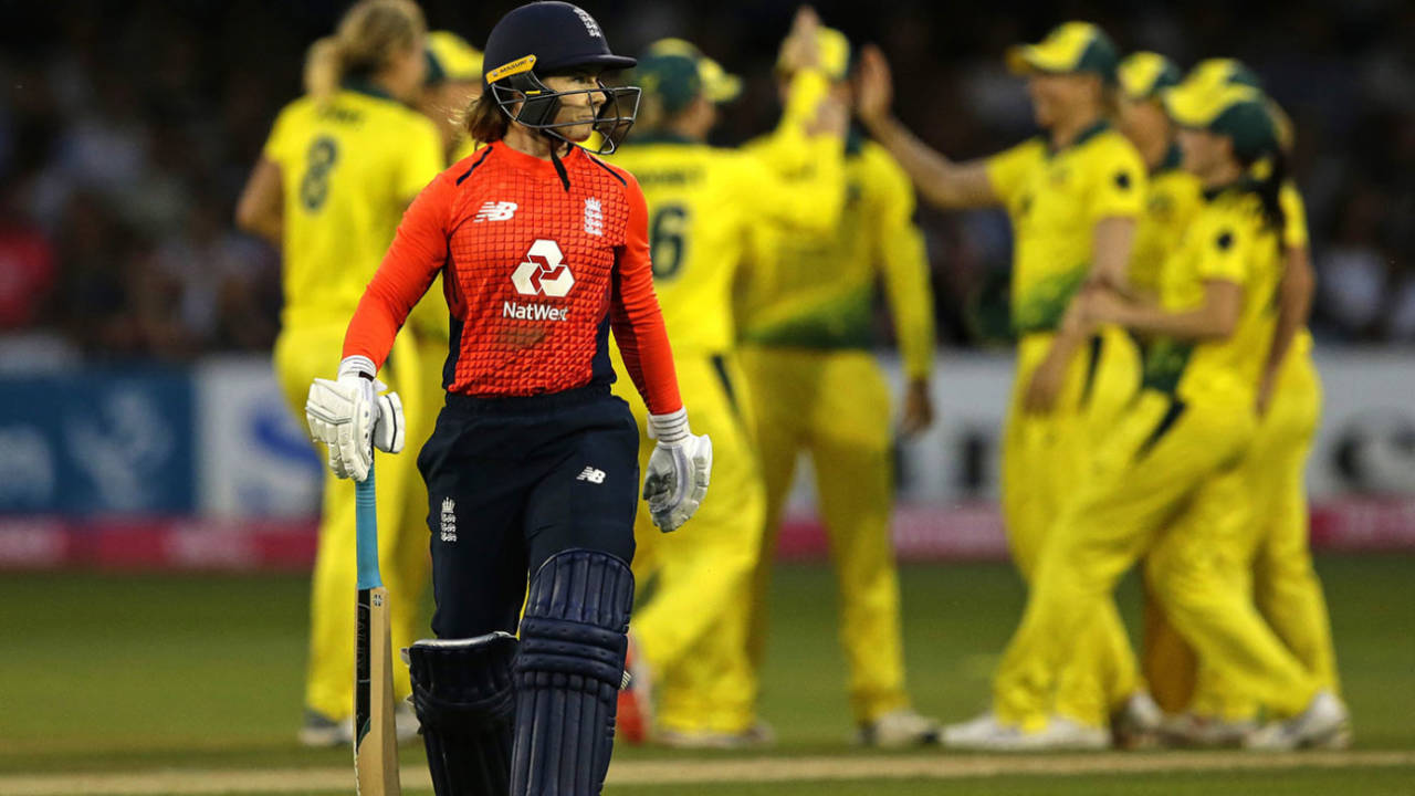 Tammy Beaumont trudges off after being dismissed, England v Australia, 1st women's T20I, Chelmsford, July 26, 2019
