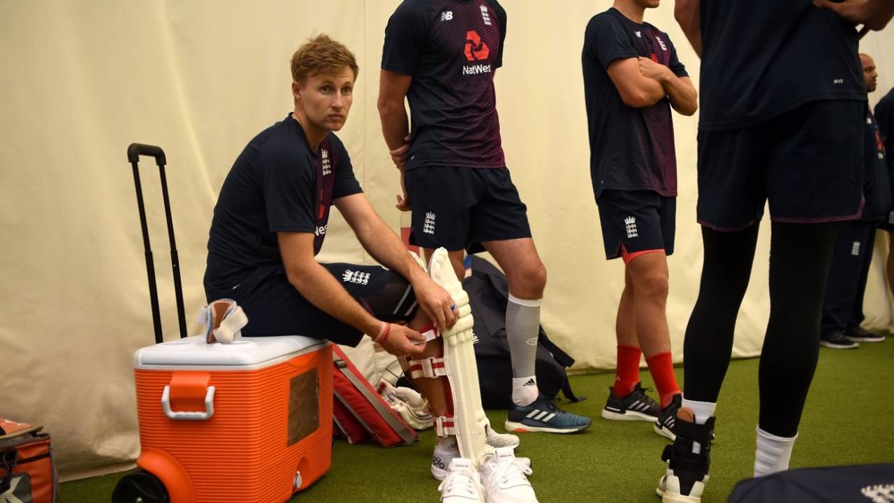 Joe Root pads up during an indoor nets session