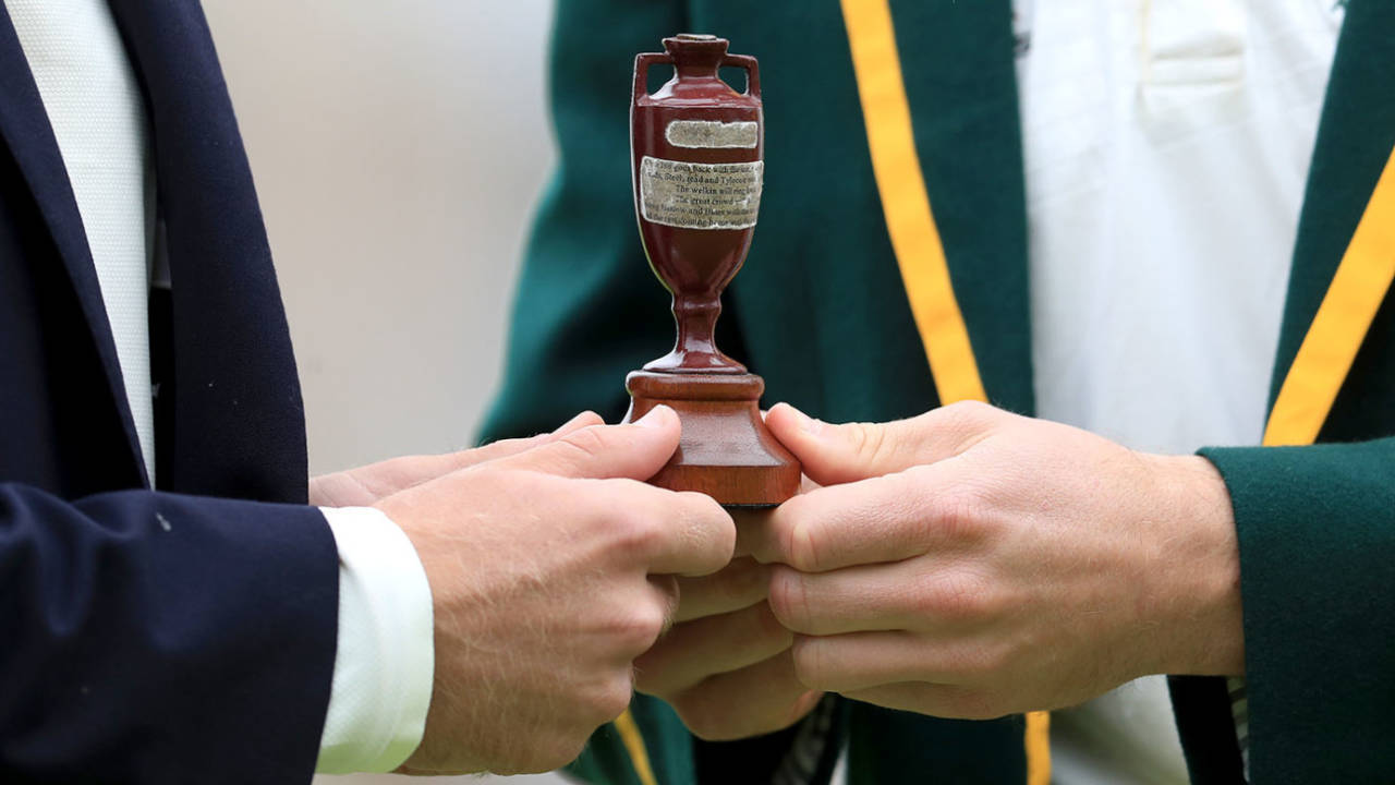 The captains hold the Ashes urn, Edgbaston, July 31, 2019