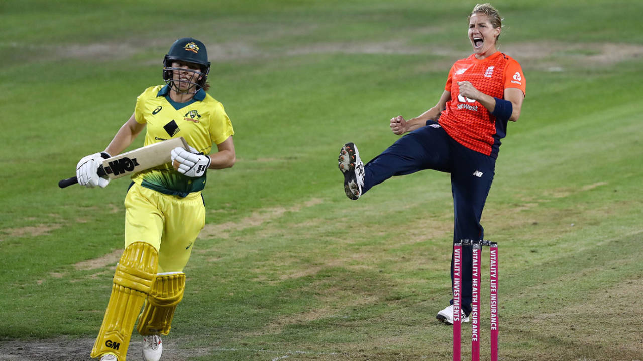 Katherine Brunt of England celebrates after taking the wicket of Georgia Wareham  England v Australia, 3rd T20I, Bristol, July 31, 2019 