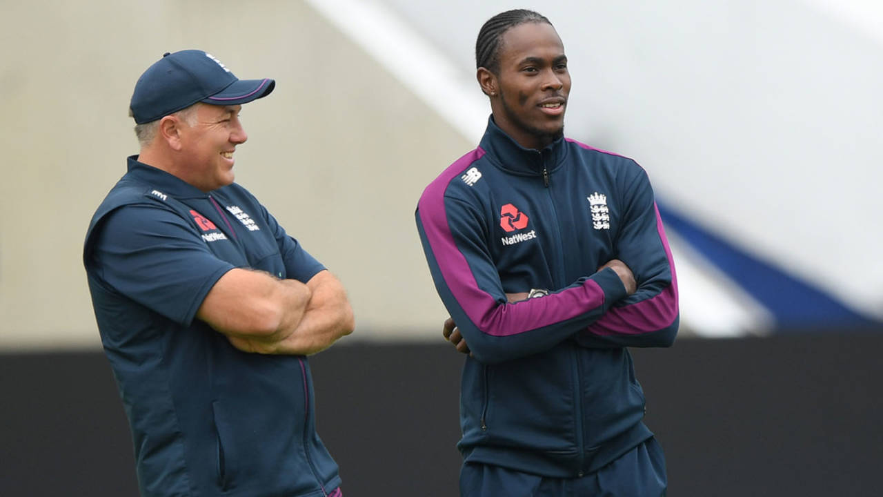 Jofra Archer chats to England's bowling coach Chris Silverwood in the nets, Edgbaston, July 31, 2019