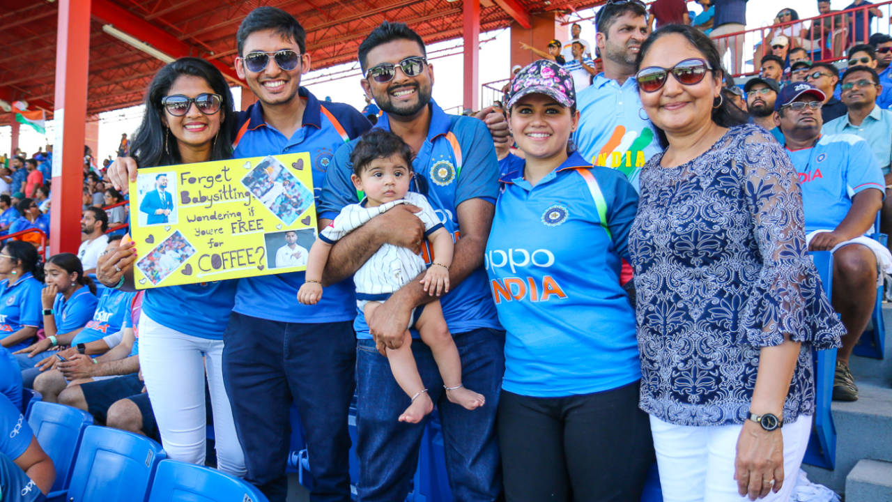 Nisarg Chokshi (center), with his six-month-old son Aaryav are part of three generations of family watching the action in Florida, India v West Indies, 1st T20I, Lauderhill, August 3, 2019