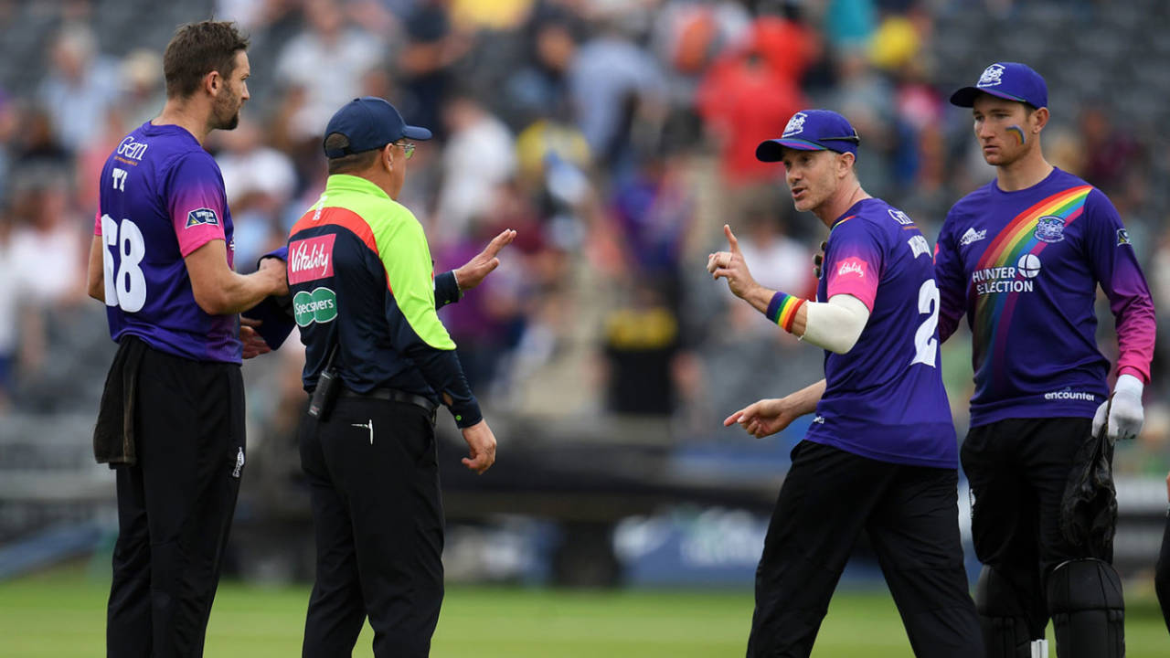Michael Klinger questions an over-rate penalty with Umpire Ian Gould, Gloucestershire v Sussex, Vitality Blast, South Group, Bristol, August 04, 2019