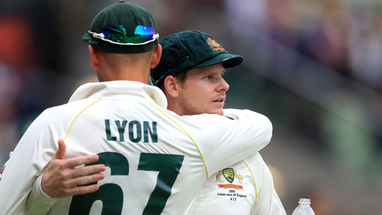 Steve Smith embraces Nathan Lyon on the first evening, England v Australia, 1st Ashes Test, Edgbaston, 1st day, August 1, 2019
