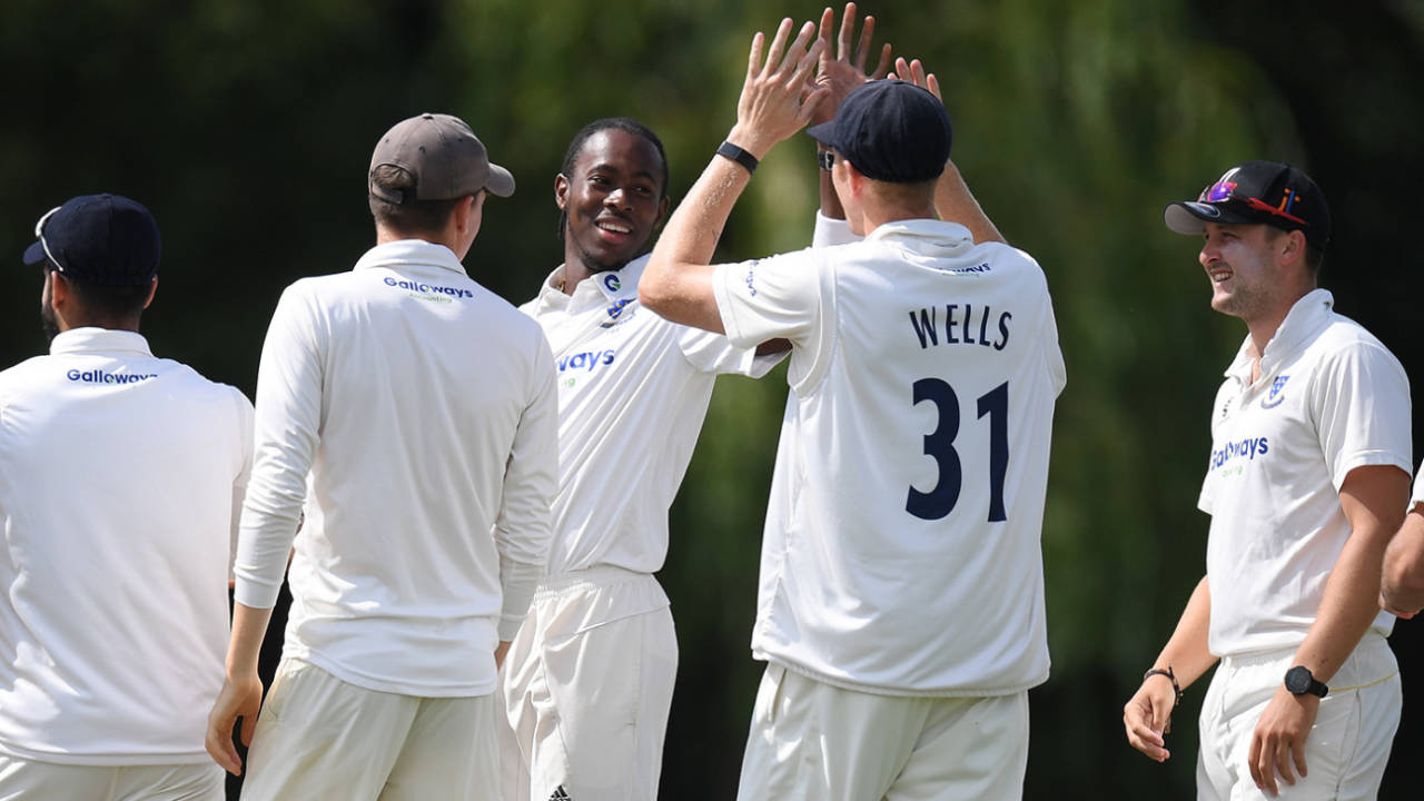Jofra Archer celebrates a wicket, Sussex 2nd XI v Gloucestershire 2nd XI, Blackstone, August 6, 2019