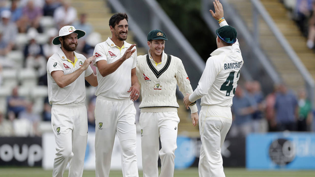 Mitchell Starc celebrates his early breakthrough, Worcestershire v Australians, Tour match, Worcester, Day 1, August 7, 2019