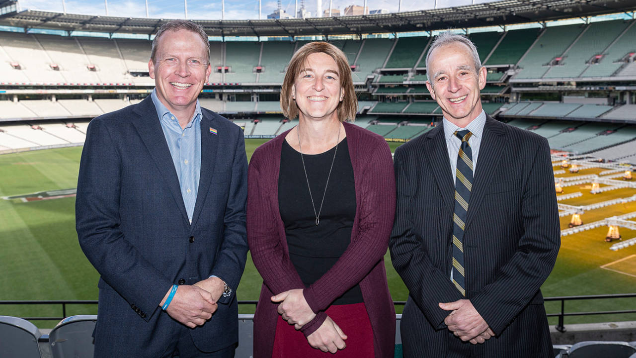 Cricket Australia CEO Kevin Roberts, transgender cricketer Erica James and Dr David Hughes, MCG, August 8, 2019