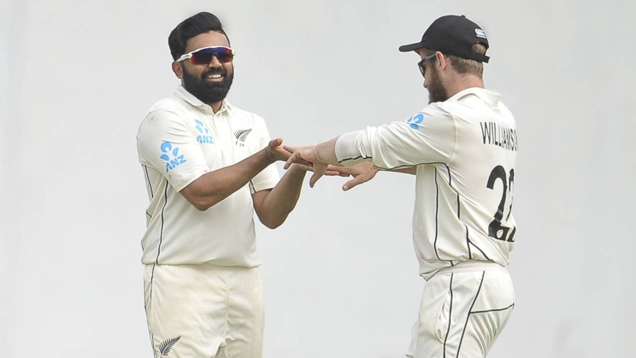 Ajaz Patel celebrates a wicket with Kane Williamson&nbsp;&nbsp;&bull;&nbsp;&nbsp;SLC
