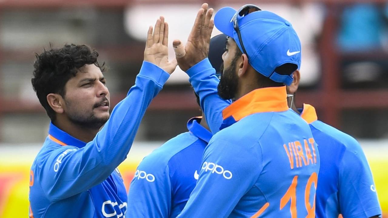 Kuldeep Yadav celebrates a wicket, West Indies v India, 1st ODI, Guyana, August 8, 2019