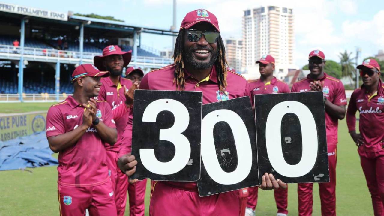 Chris Gayle poses before taking the field for his 300th ODI, West Indies v India, 2nd ODI, Port of Spain, August 11, 2019
