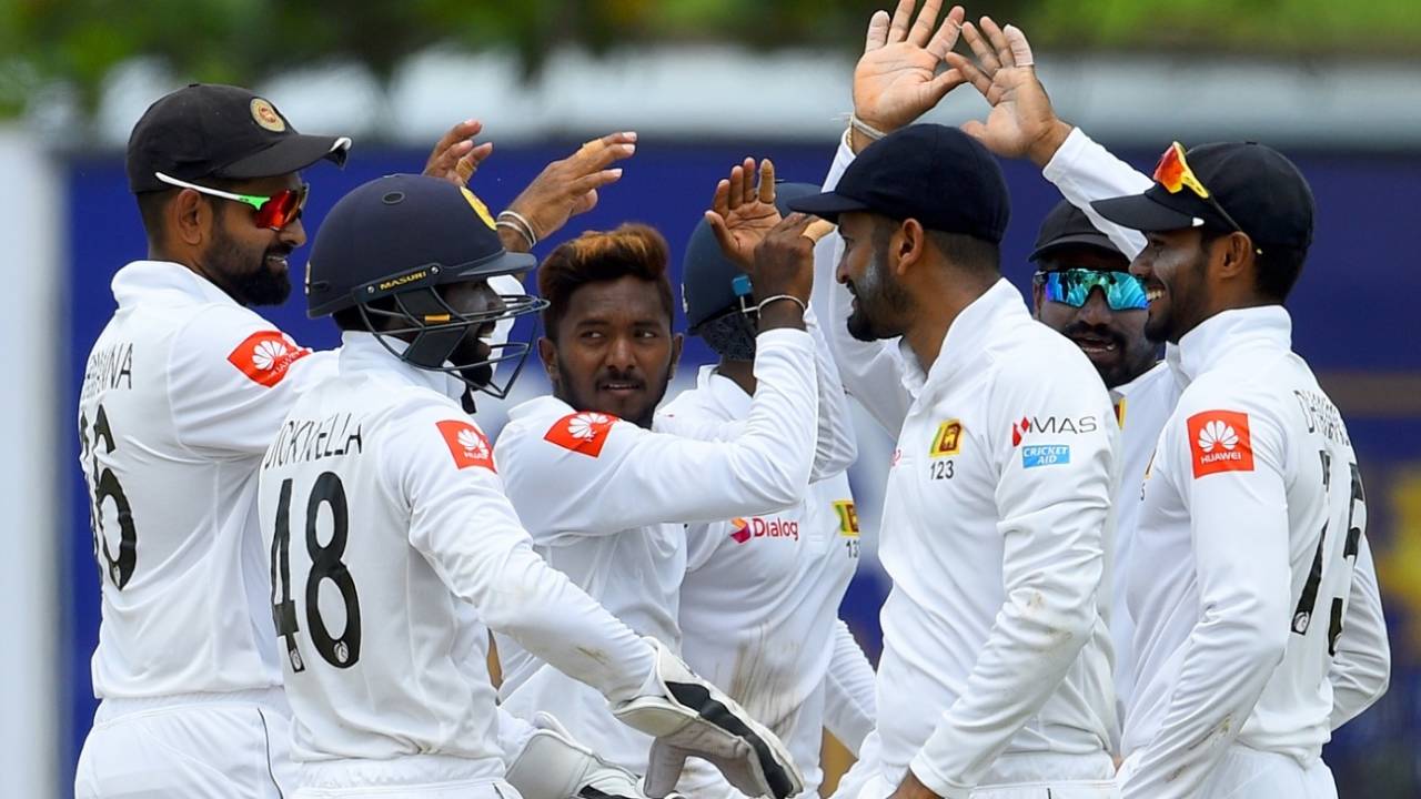 Akila Dananjaya celebrates after dismissing Jeet Raval, Sri Lanka v New Zealand, 1st Test, Galle, 1st day, August 14, 2019