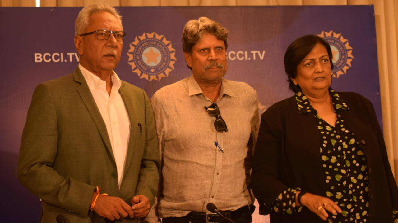 Anshuman Gaekwad, Kapil Dev and Shanta Rangaswamy after a CAC meeting, Mumbai, August 16, 2019