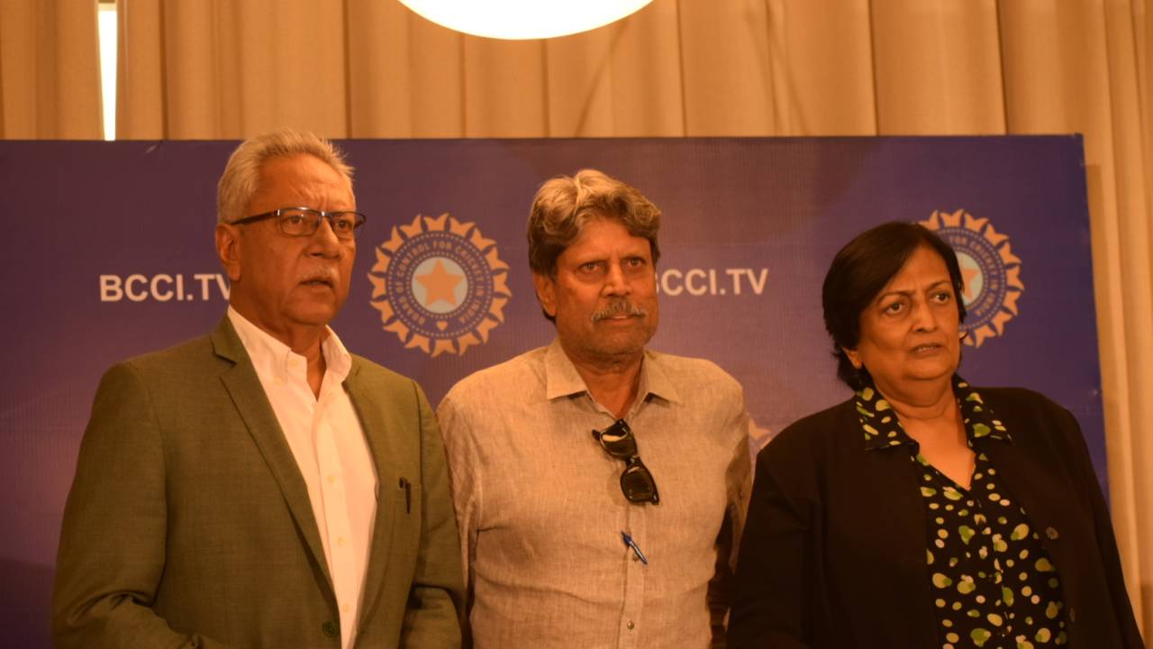 Anshuman Gaekwad, Kapil Dev and Shanta Rangaswamy after a CAC meeting