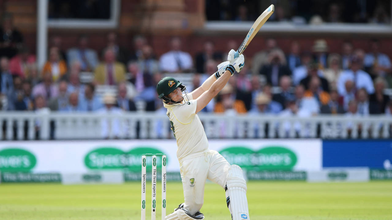 Steven Smith launches over the leg side after returning to the crease&nbsp;&nbsp;&bull;&nbsp;&nbsp;Getty Images