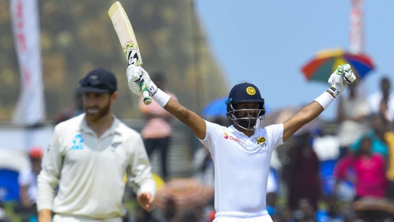 Dimuth Karunaratne celebrates his Test century, Sri Lanka v New Zealand, 1st Test, Galle, 5th day, August 18, 2019