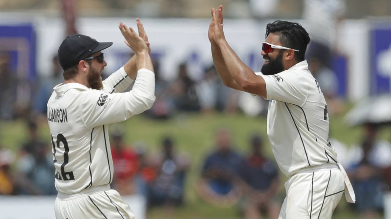 Ajaz Patel celebrates a wicket with Kane Williamson, Sri Lanka v New Zealand, 1st Test, Galle, 5th day, August 18, 2019