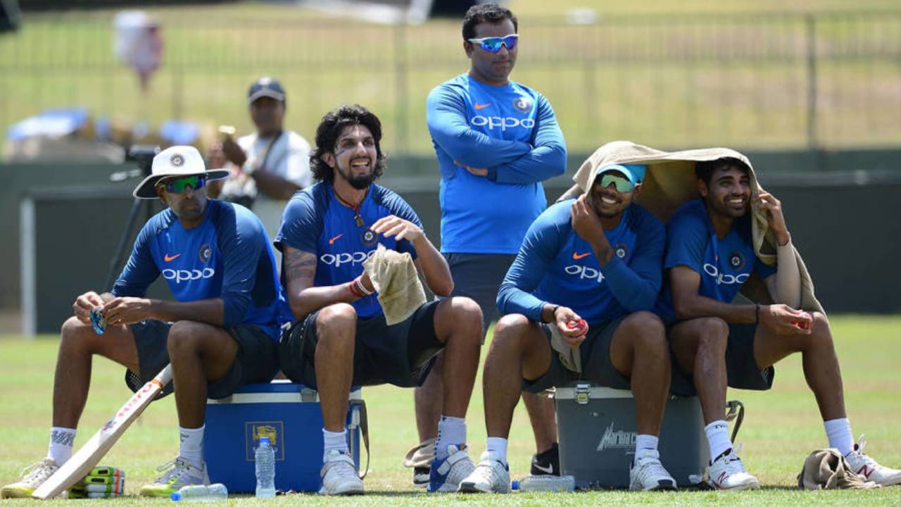 R Ashwin, Ishant Sharma, Umesh Yadav and Bhuvneshwar Kumar take a break during a training session&nbsp;&nbsp;&bull;&nbsp;&nbsp;AFP / Getty Images