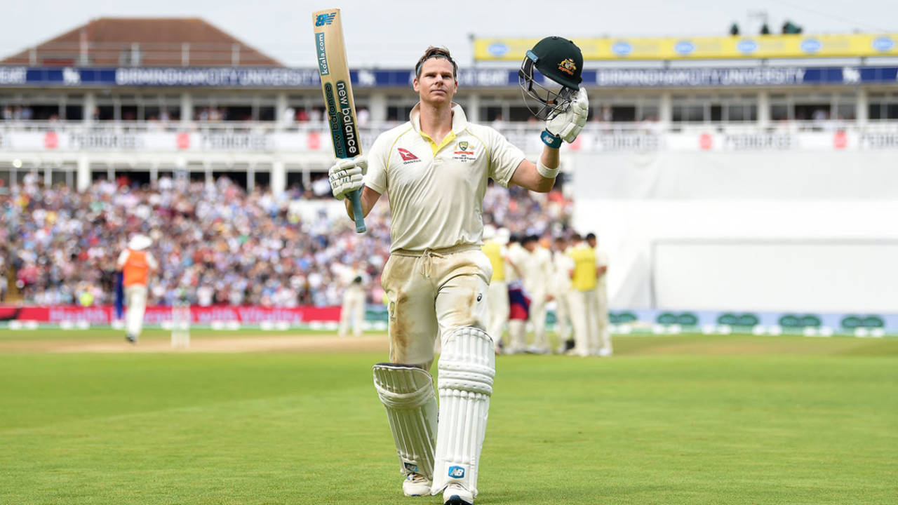 Steven Smith salutes the crowd after being dismissed by Chris Woakes, England v Australia, 1st Test, Birmingham, 4th day, August 4, 2019