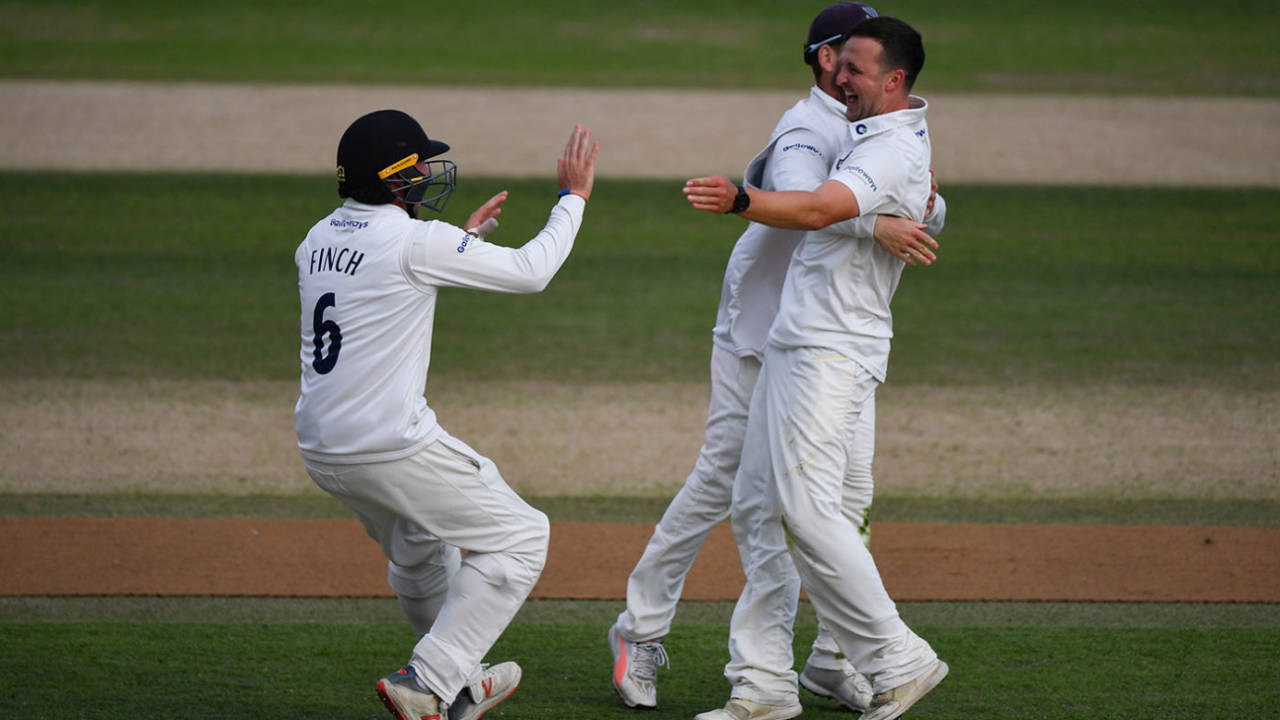 Elliot Hooper celebrates a maiden first-class wicket, Sussex v Middlesex, 2nd day, County Championship, Hove, August 19, 2019