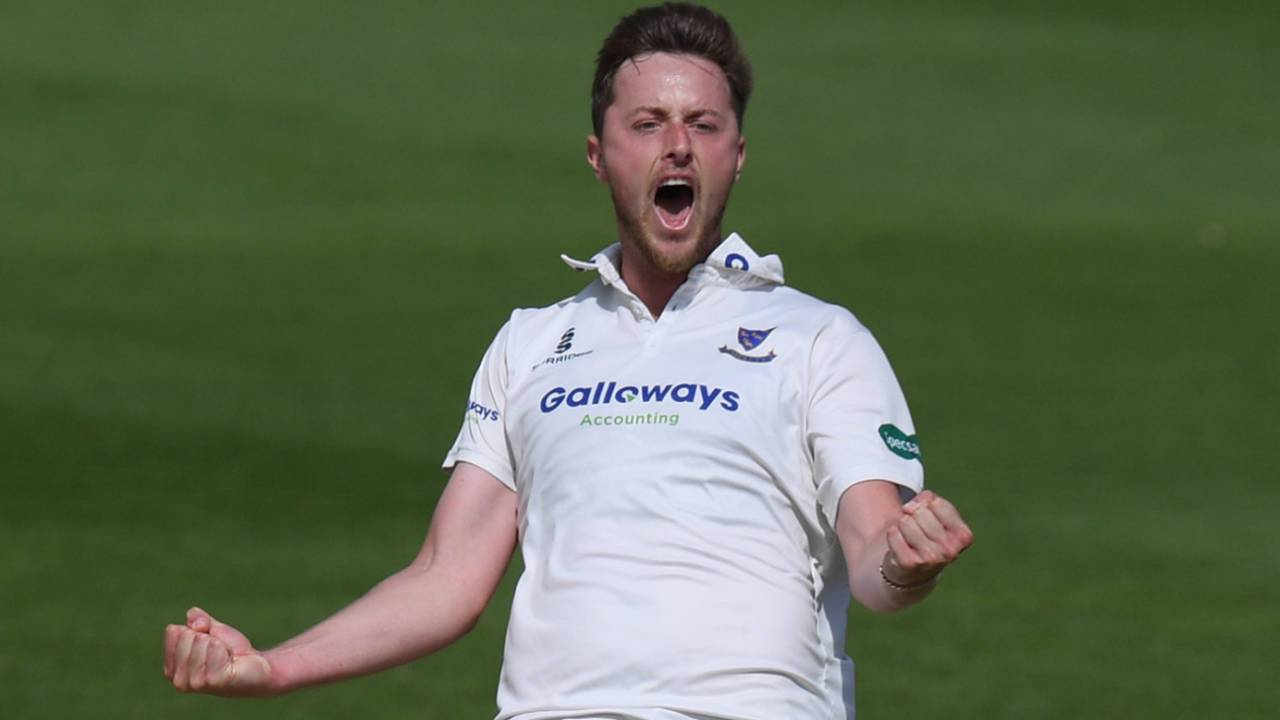 Ollie Robinson roars at the fall of another wicket, Sussex v Middlesex, County Championship, Division Two, Hove, August 20, 2019