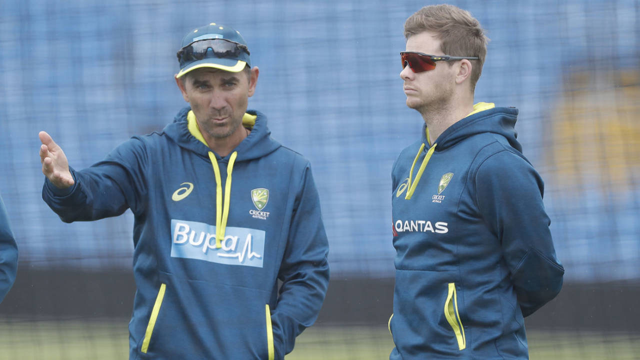 Justin Langer chats to Steven Smith at Australia's training session, England v Australia, 3rd Test, The Ashes, Headingley, August 21, 2019
