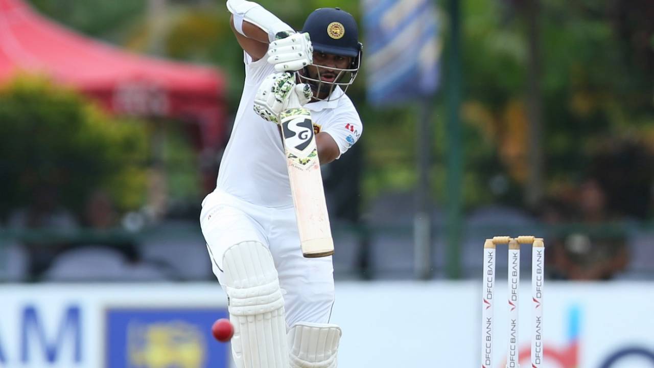 Dimuth Karunaratne plays one straight down the ground, Sri Lanka v New Zealand, 2nd Test, Colombo, 1st day, August 22, 2019