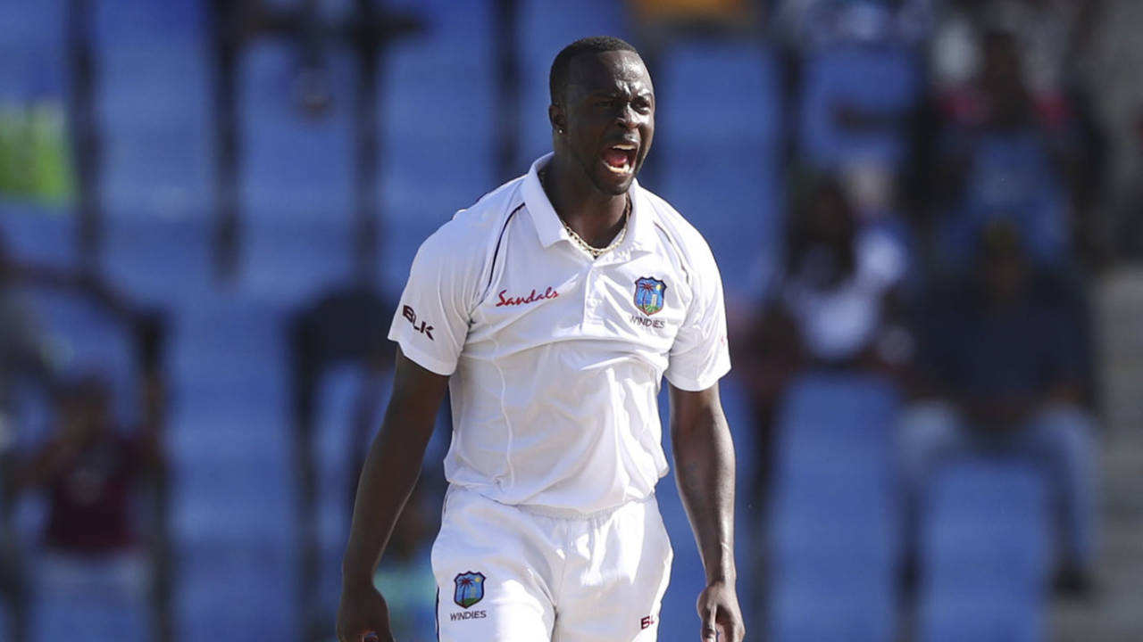 Kemar Roach celebrates a wicket, West Indies v India, 1st Test, North Sound, 1st day, August 22, 2019