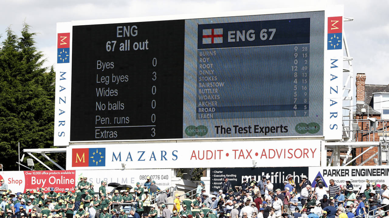 The scoreboard at the close of England's innings, England v Australia, 3rd Ashes Test, Headingley, August 23, 2019