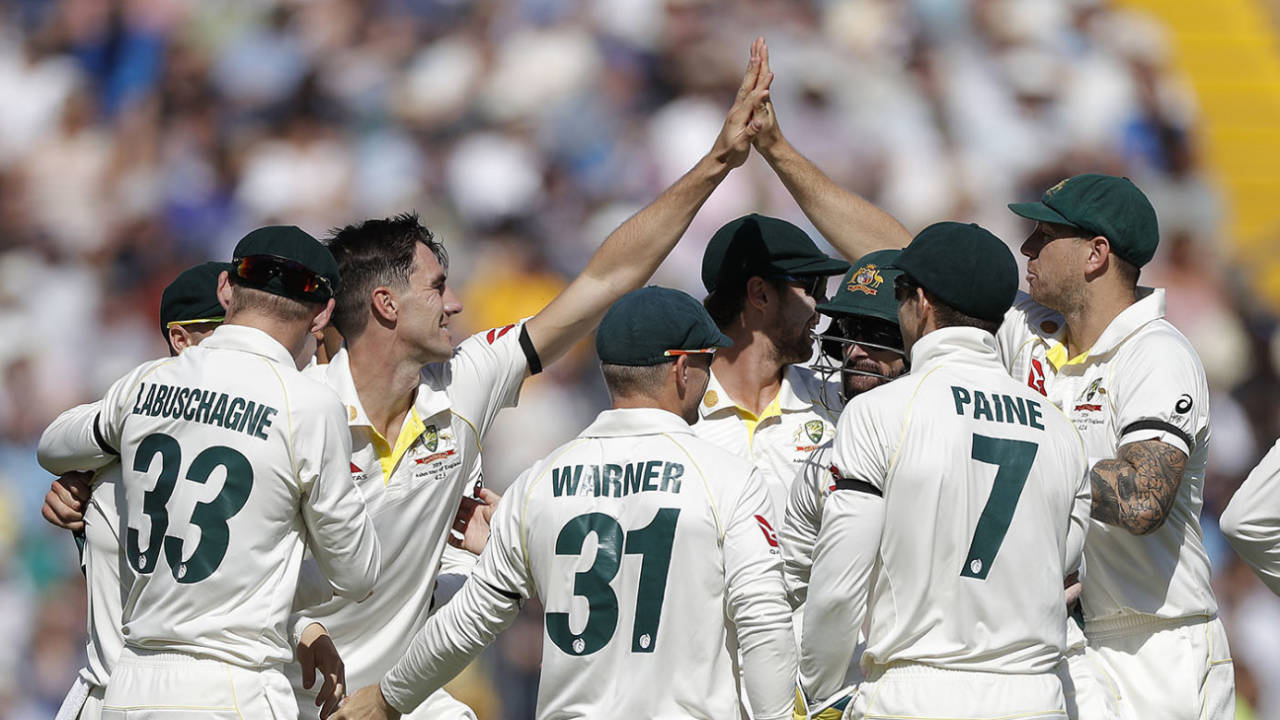 Pat Cummins stretches for a high-five with James Pattinson, England v Australia, 3rd Ashes Test, Headingley, August 23, 2019