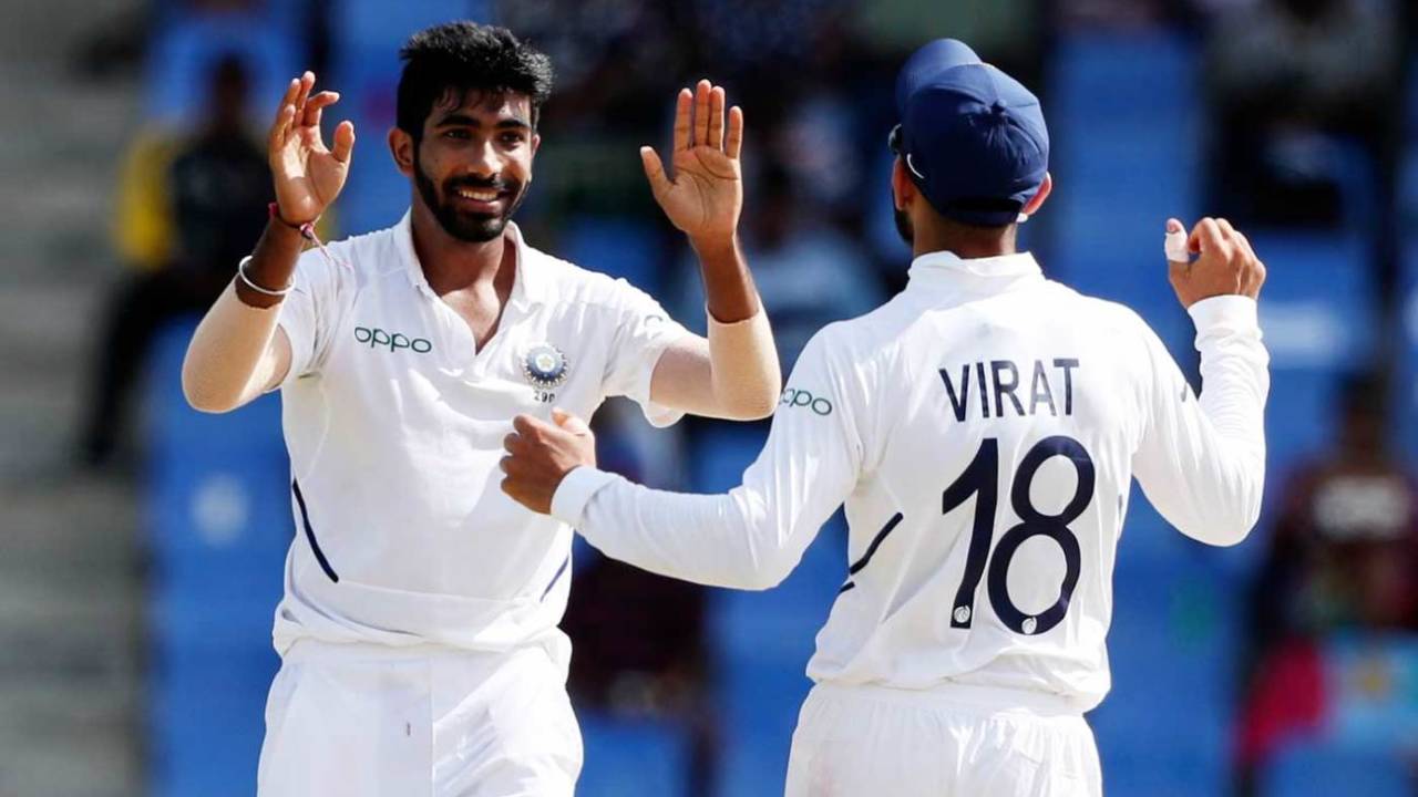 Jasprit Bumrah celebrates a wicket, West Indies v India, 1st Test, North Sound, 2nd day, August 23, 2019