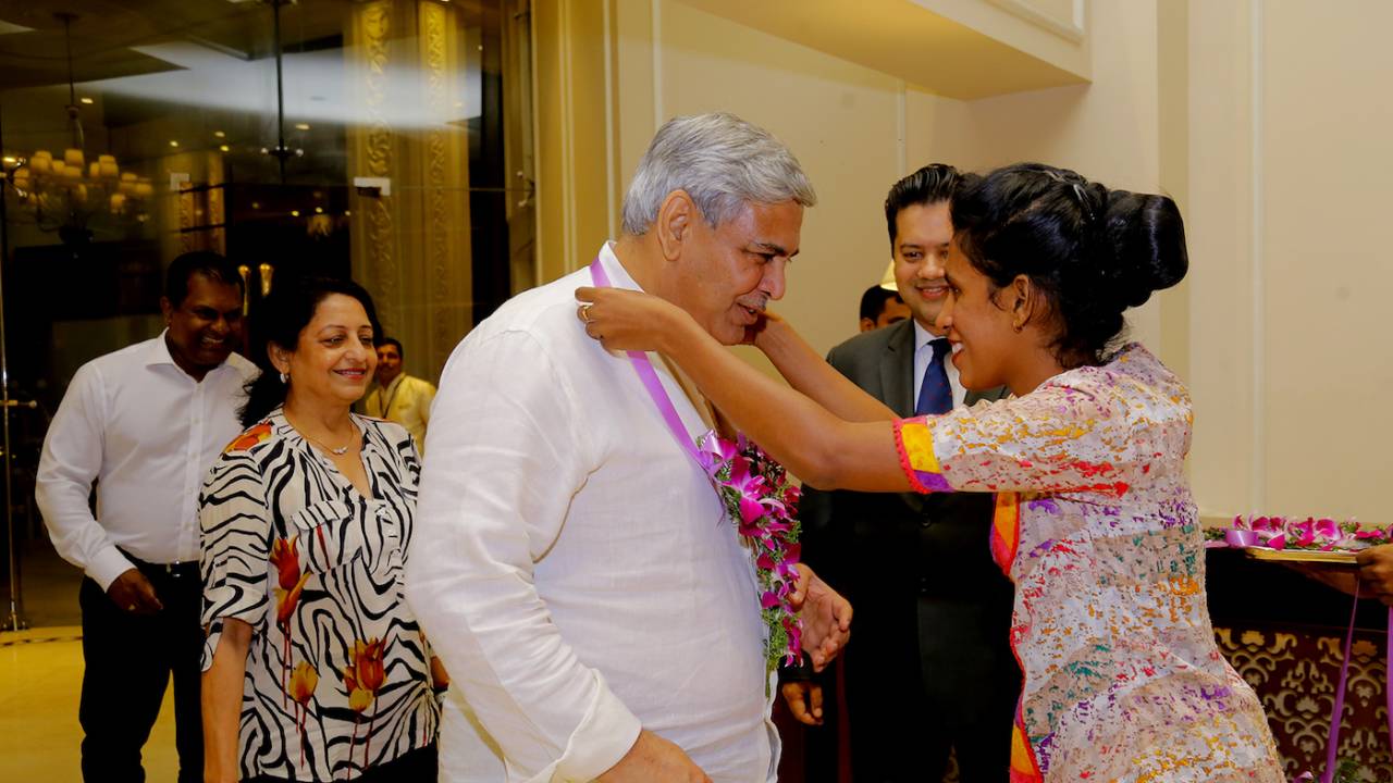 ICC chairman Shashank Manohar is welcomed on his arrival