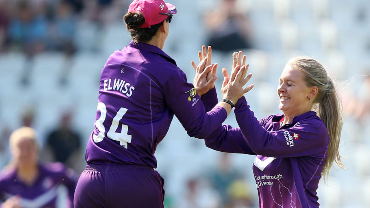 Sarah Glenn celebrates after dismissing Harmanpreet Kaur for a first-ball duck, Loughborough Lightning v Lancashire Thunder, Trent Bridge, August 25, 2019