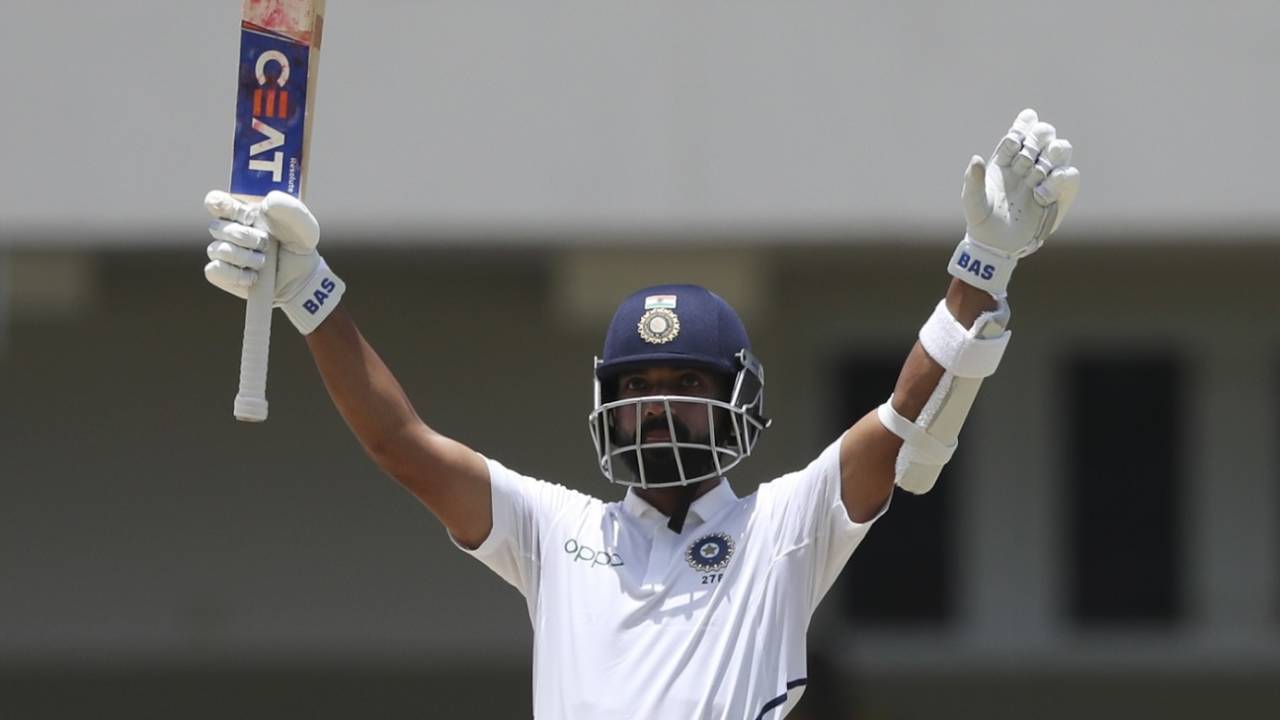 Ajinkya Rahane celebrates his hundred, West Indies v India, 1st Test, North Sound, 4th day, August 25, 2019
