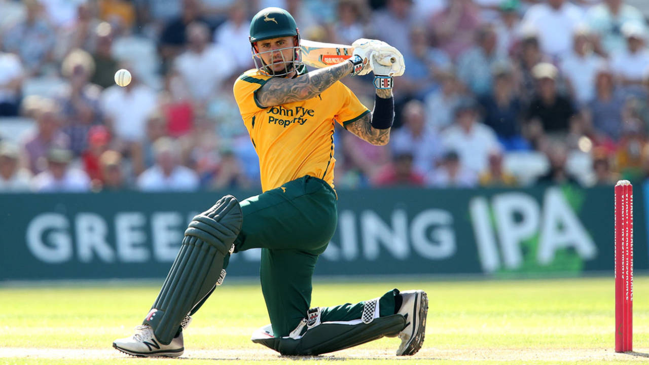 Alex Hales gets low to slog-sweep, Nottinghamshire v Yorkshire, Vitality Blast, Trent Bridge, August 25, 2019