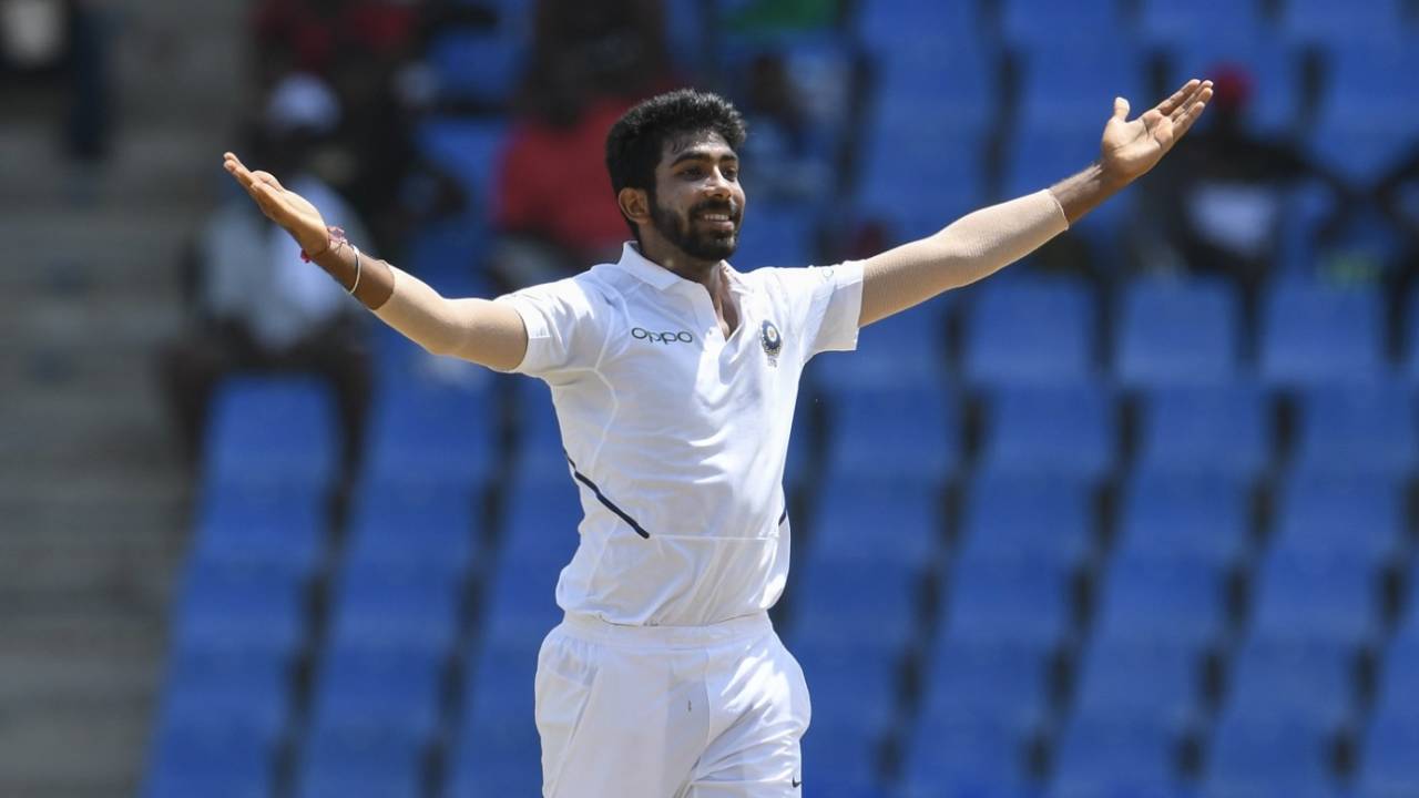Jasprit Bumrah celebrates a wicket, West Indies v India, 1st Test, North Sound, 4th day, August 25, 2019