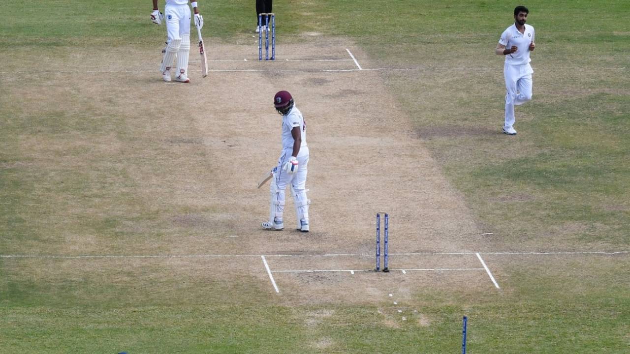 Jasprit Bumrah sends Darren Bravo's off stump cartwheeling, West Indies v India, 1st Test, North Sound, 4th day, August 25, 2019