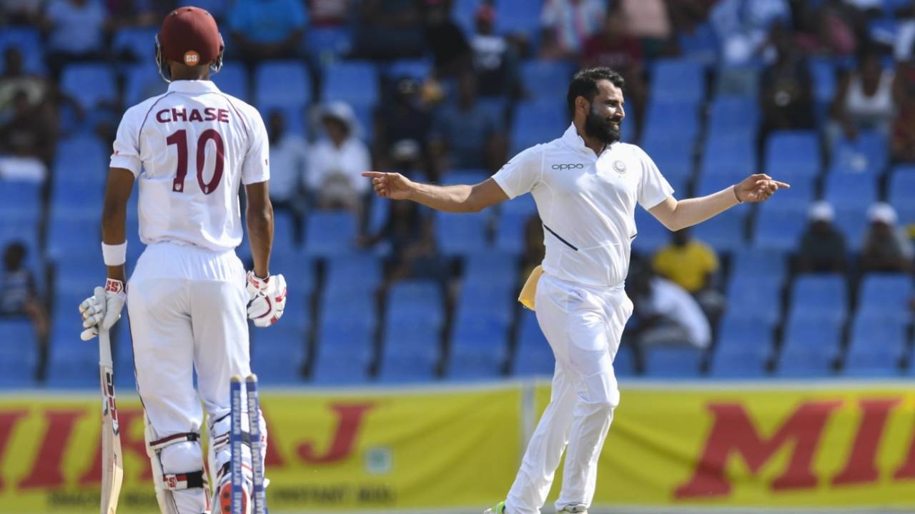 Mohammed Shami flattens Roston Chase's off stump, West Indies v India, 1st Test, North Sound, 4th day, August 25, 2019