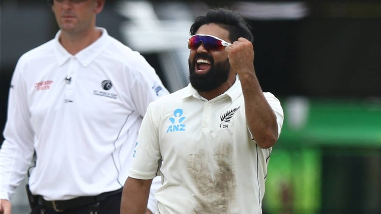 Ajaz Patel fist pumps after a wicket, Sri Lanka v New Zealand, 2nd Test, Colombo (PSS), Day 5, August 26, 2019